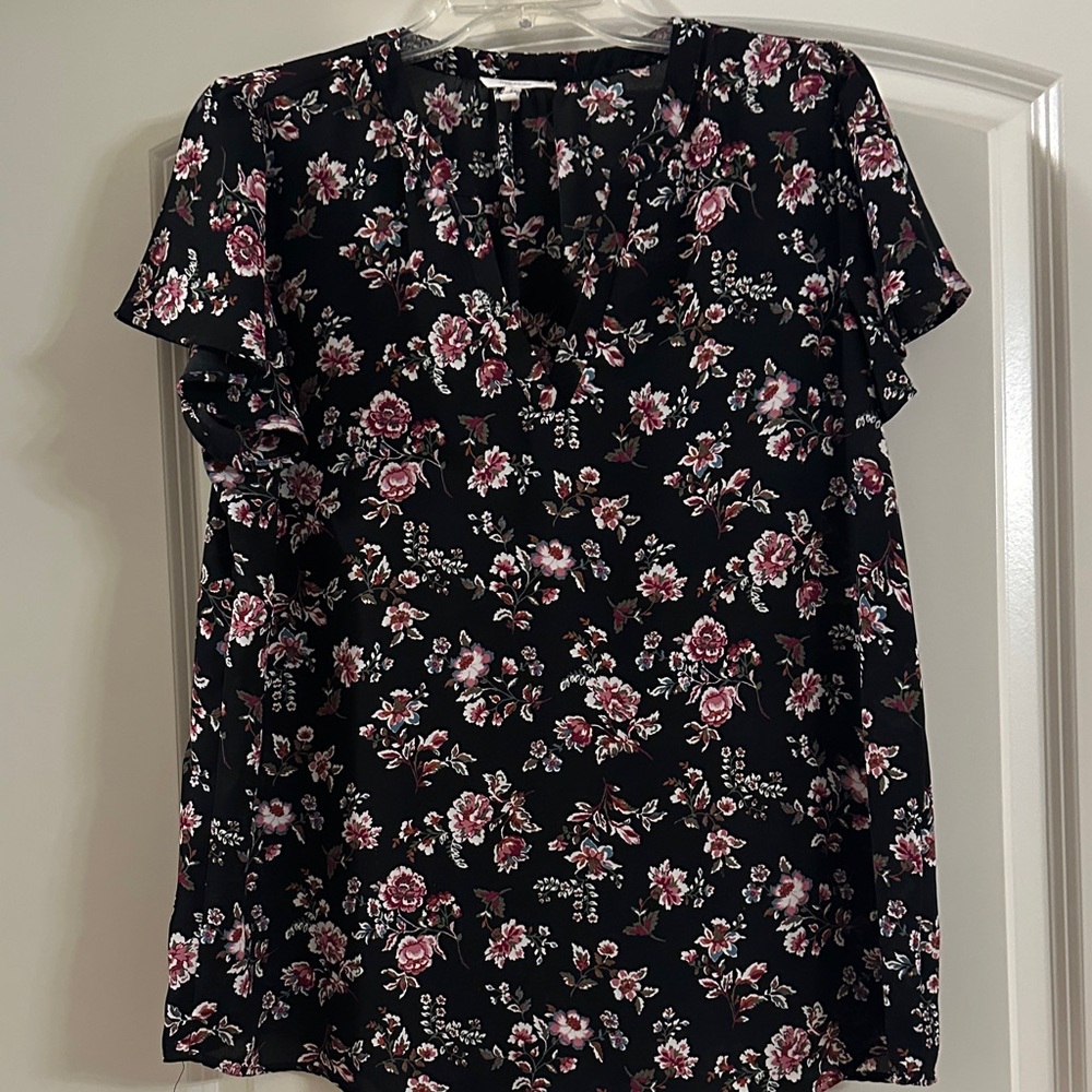 Maurices Atwood Black Blouse with Pink Floral Pattern